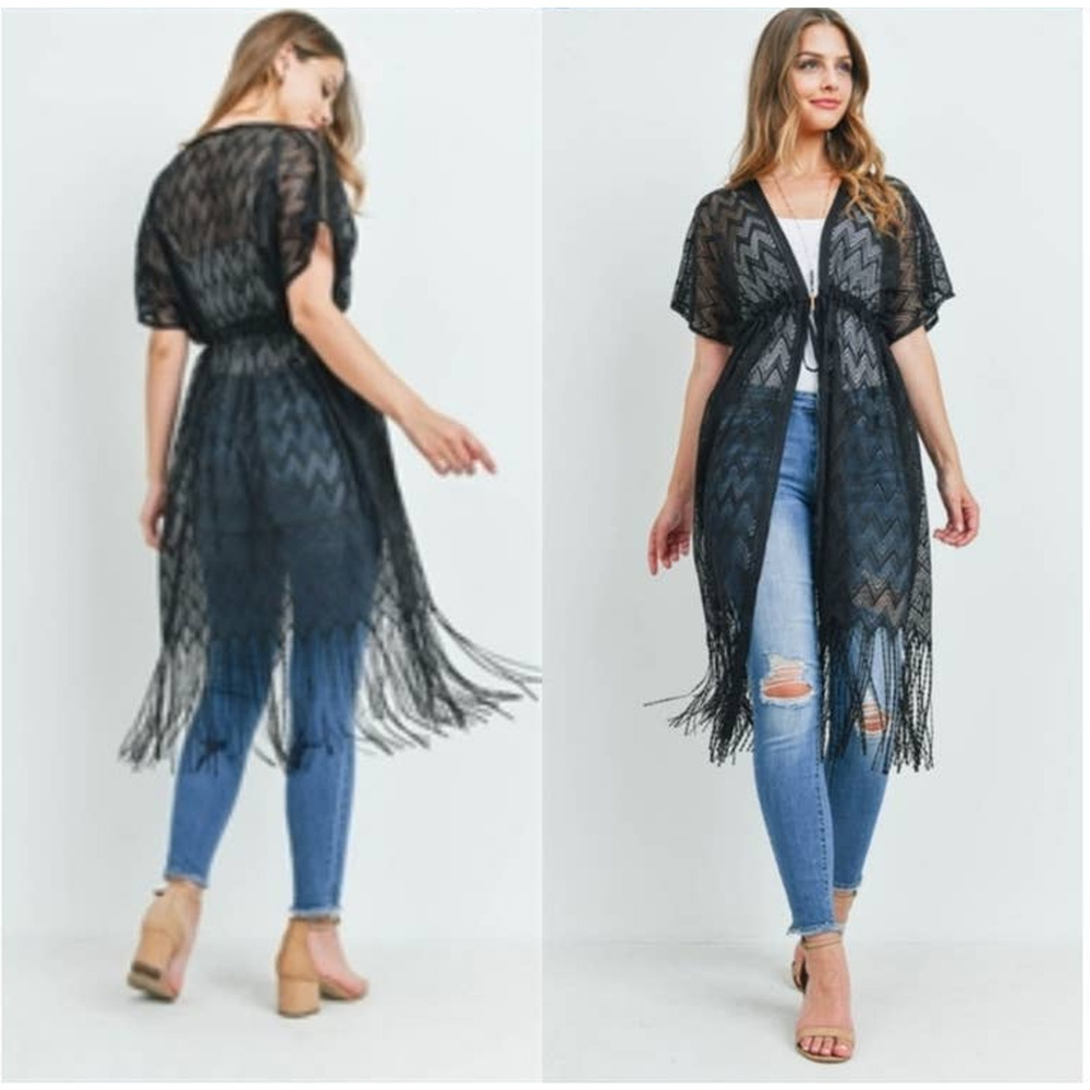 Riah fashion fringed duster kimono lace cardigan black one size